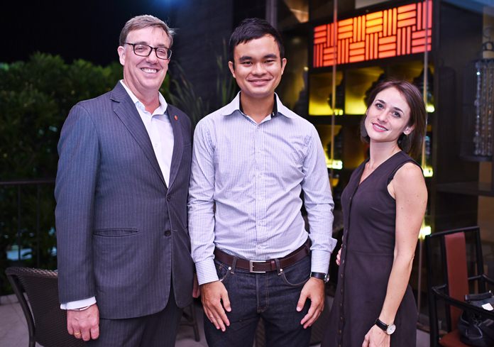 Amari Pattaya Resident Manager Richard Gamlin (left) is joined by representatives of Wine Pro, Pattaya sales executive Thananut “Nut” Singhathep and National sales director, Pauline Gomez.