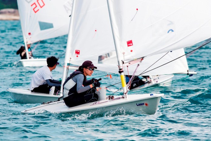 Young sailors battle for honors in the Laser fleet.