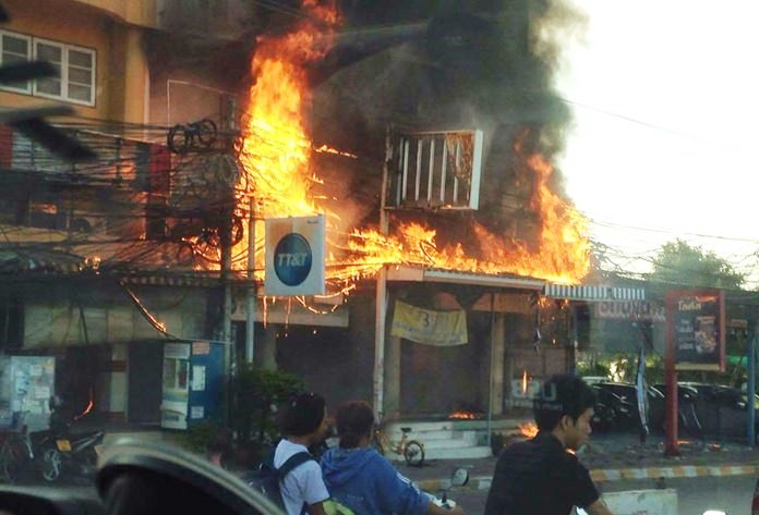 Crews from six fire trucks took about an hour to control the blaze that destroyed the offices of internet service provider 3BB.