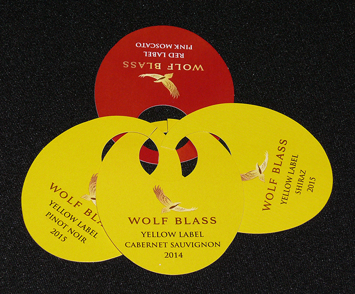 Wolf Blass wineglass stem labels.