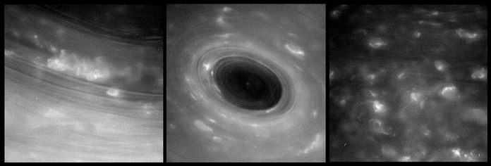 This combination of April 26, 2017 images show features in Saturn’s atmosphere from closer than ever before. The view was captured by NASA’s Cassini spacecraft as it became the first spacecraft to venture between Saturn and its rings. (JPL-Caltech/Space Science Institute/NASA via AP)