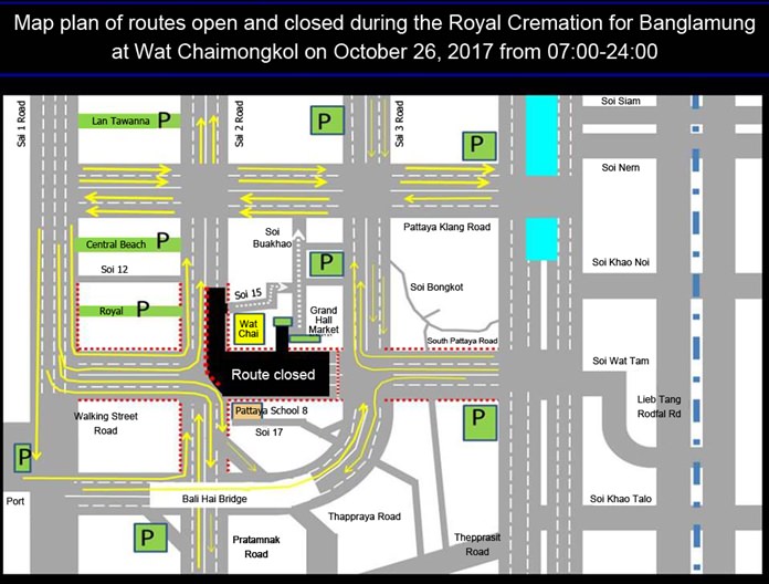 Pattaya will close some roads for three hours beginning at 9 a.m. Oct. 26.