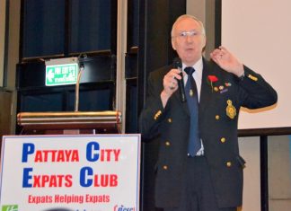 Andy Barraclough, Chairman of the British Legion Chonburi branch, reminds his PCEC audience that the Poppy Appeal for Remembrance Day is still needed.