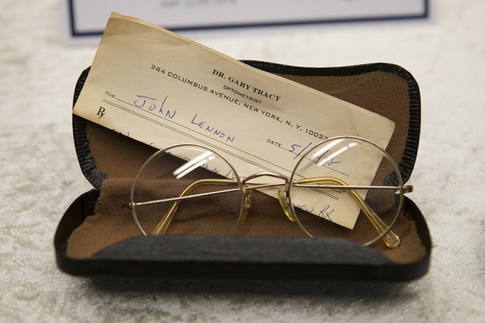 A pair of John Lennon’s glasses are displayed at the police headquarters in Berlin, Tuesday, Nov. 21. (AP Photo/Markus Schreiber)