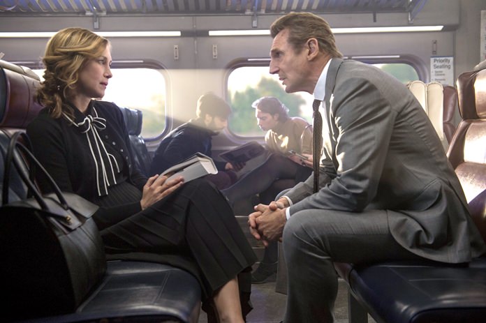 This image shows Vera Farmiga (left) and Liam Neeson in a scene from “The Commuter.” (Jay Maidment/Lionsgate via AP)