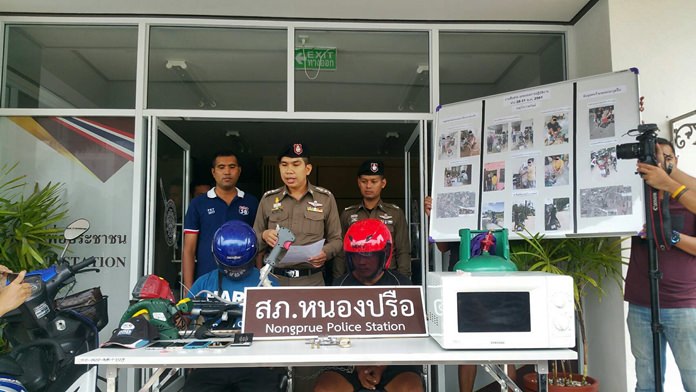 Pol. Col. Chidecha Songhong, Superintendent of Nongprue Police, announces four male suspects were arrested last week during a police crime sweep through the area.