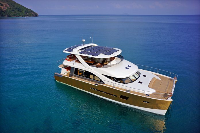 The Heliotrope 65, flagship of the Bakri Cono fleet, powered by 28 sqm of high performance solar panels generating up to 8 kw/hr of power. She is the world’s first solar assisted luxury catamaran yacht.