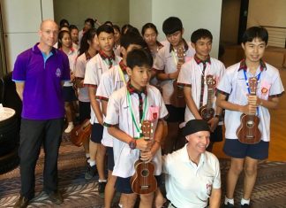 Ready to go. Bamboo School students enter the PCEC meeting room to give their wonderful ukulele concert.