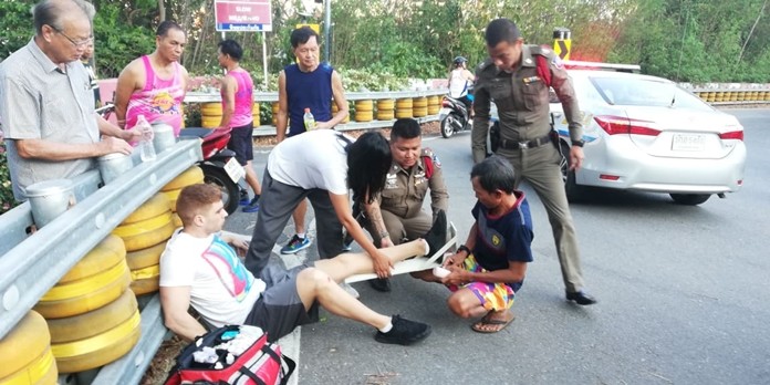 A foreign man broke his leg when he crashed his motorbike in a one-vehicle accident on Pratamnak Hill.
