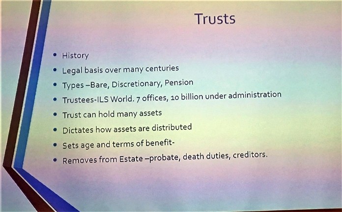 In this slide, Lee Stevens showed information about Trusts and described the benefits of using them to shield ones assets from creditors and the tax man.