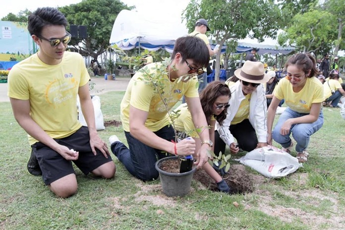 Stars of a Channel 3 soap opera and their fans joined Pattaya officials and residents in planting trees to honor HM the King.