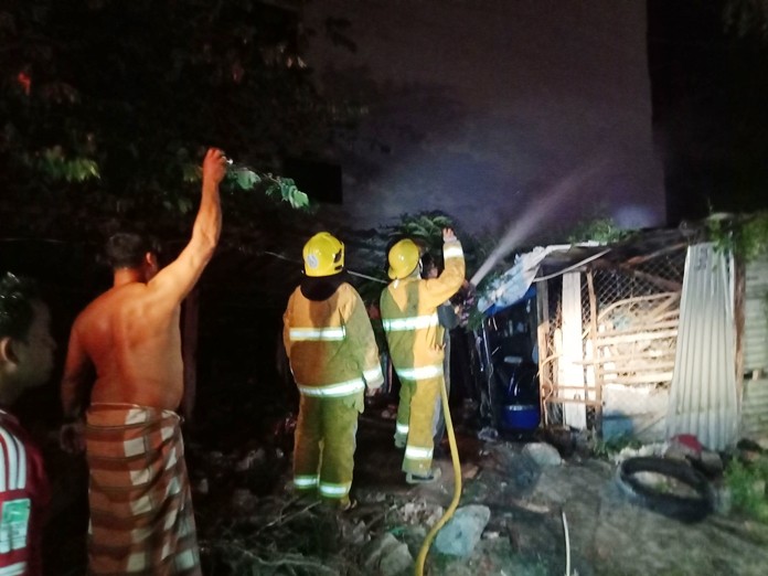 There was more smoke than fire when old tires burst into flames at an East Pattaya tool shed.