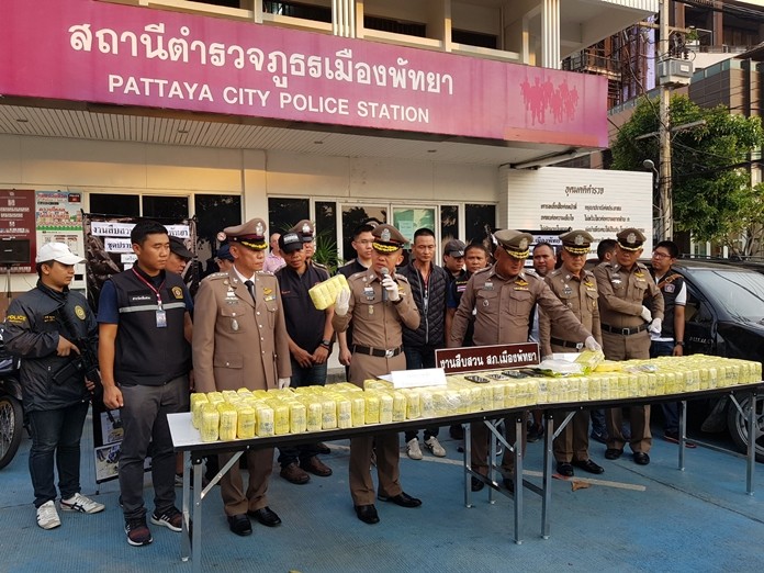 Pattaya Police announced Oct. 1 the culmination of a 2-year investigation has led to five arrests and the largest methamphetamine haul in over a decade. Over 900,000 ya ba tablets with a street value of 100 million baht were confiscated along with 1-kg of crystal methamphetamine.