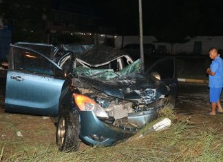 Samanchai’s severly damaged pick-up truck after it crashed into a canal.