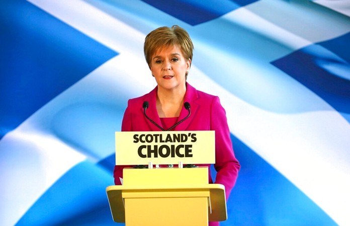 Scottish First Minister Nicola Sturgeon speaks to supporters in Edinburgh, Scotland, Friday Dec. 13, 2019. (Jane Barlow/PA via AP)