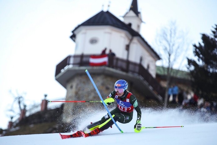 United States' Mikaela Shiffrin speeds down the course during an alpine ski, women's World Cup slalom in Lienz, Austria, Sunday Dec. 29, 2019. (AP Photo/Marco Trovati)