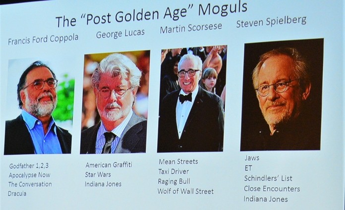 Neil Davidson presented this video slide showing the current four main moguls in the film industry, Coppola, Lucas, Scorsese and Spielberg.