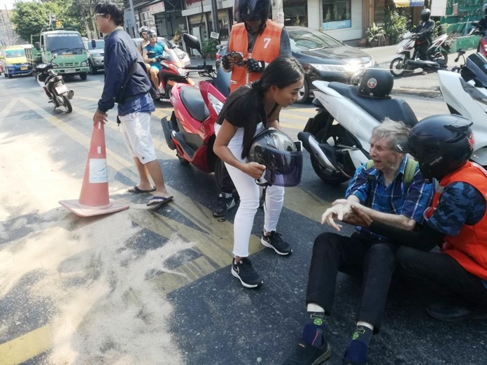 The unidentified foreigner suffered a broken arm when his motorcyclist skidded on oil spilled from a leaky truck in South Pattaya.