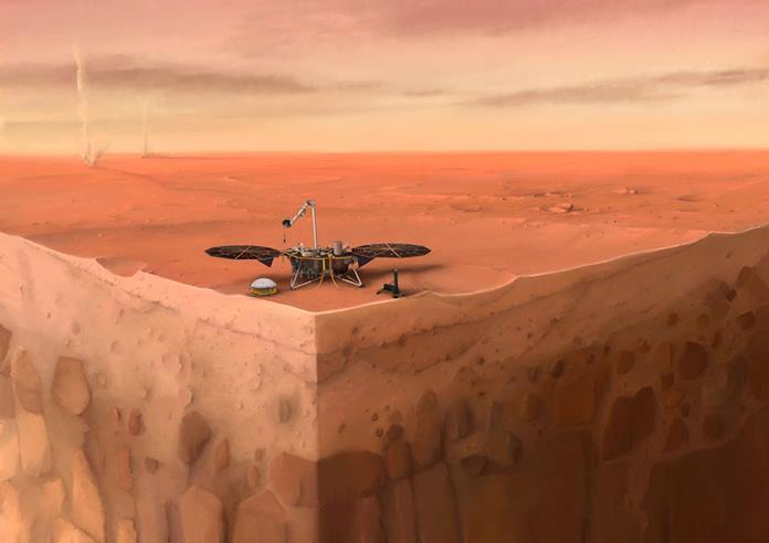 In this artist’s concept of NASA’s InSight lander on Mars, layers of the planet’s subsurface can be seen below and dust devils can be seen in the background. Credits: IPGP/Nicolas Sarter