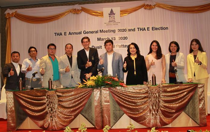 The 2020-2022 THA (Eastern Chapter) Board of Directors (l-r) Paitoon Boonsri, Group GM of SP Hotels Group, Acqua Hotel Pattaya, Jeerasak Jeerapat, Business Development, JP Villa Hotel, Boonkerd Suksrikarn, GM, Sunbeam Hotel, Chairat Rattanopas, GM The Leela Resort & Spa Pattaya, Sanpech Supabowornsthian, Asst. MD Long Beach Garden Hotel & Spa, Phisut Sae-khu, Resident Manager, Asia Pattaya Hotel, Phakamon Wongyai, GM Brighton Hotel Pattaya, Pattamon Mekavarakul, Vice President Cape Dara Resort Pattaya, Morrakot Kuldilok, GM Bella Express Hotel, and Saratsanun Asavachaisophon, Vice MD Grand Jomtien Palace.