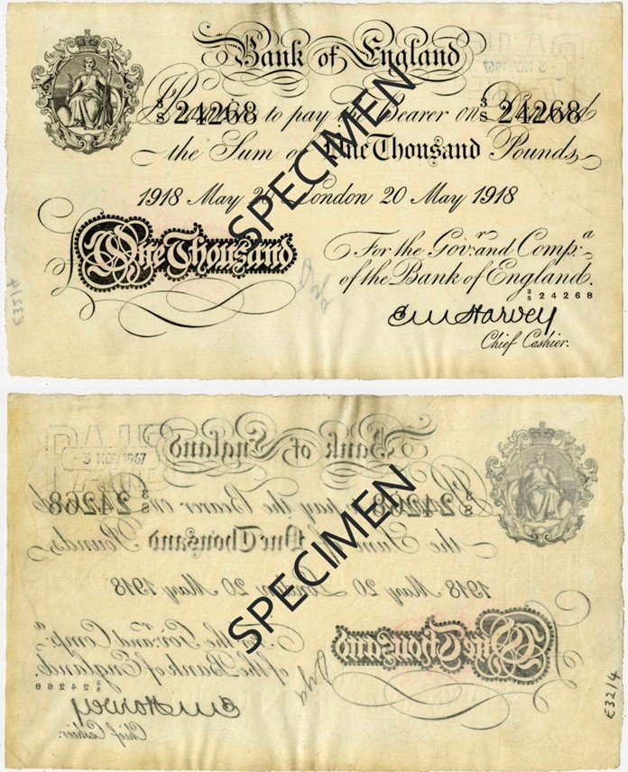 For years the Bank of England had only printed one-sided banknotes. The last one-sided note was issued in 1957 and ceased to be legal tender in 1961. As the Thai notes were to be printed in England it was suggested to the Royal Thai Treasury department to have the First Series printed on one side only. (Copyright Bank of England)