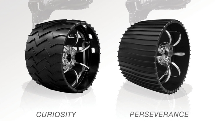 Illustrated here, the aluminum wheels of NASA’s Curiosity (left) and Perseverance rovers. Slightly larger in diameter and narrower, 20.7 inches (52.6 centimeters) versus 20 inches (50.8 centimeters), Perseverance’s wheels have twice as many treads, and are gently curved instead of chevron-patterned. (Credits: NASA/JPL-Caltech)