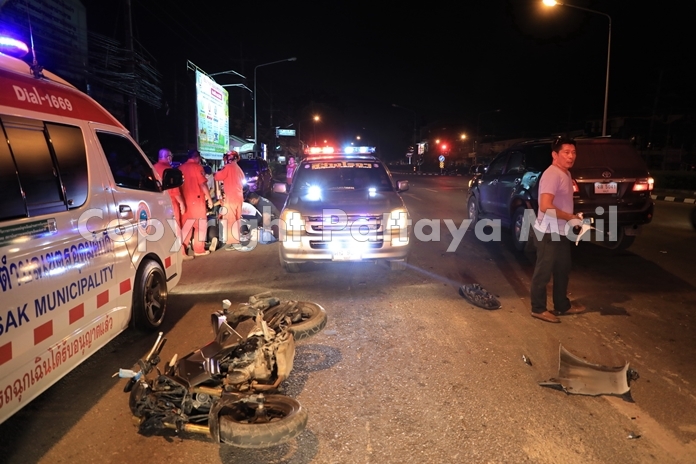 School janitor Yeang Somsub suffered a concussion and broken arm and leg in a two vehicle accident on Sukhumvit Road.