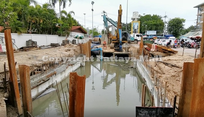 Construction of the parking lot and flood control systems at Lan Pho in progress.